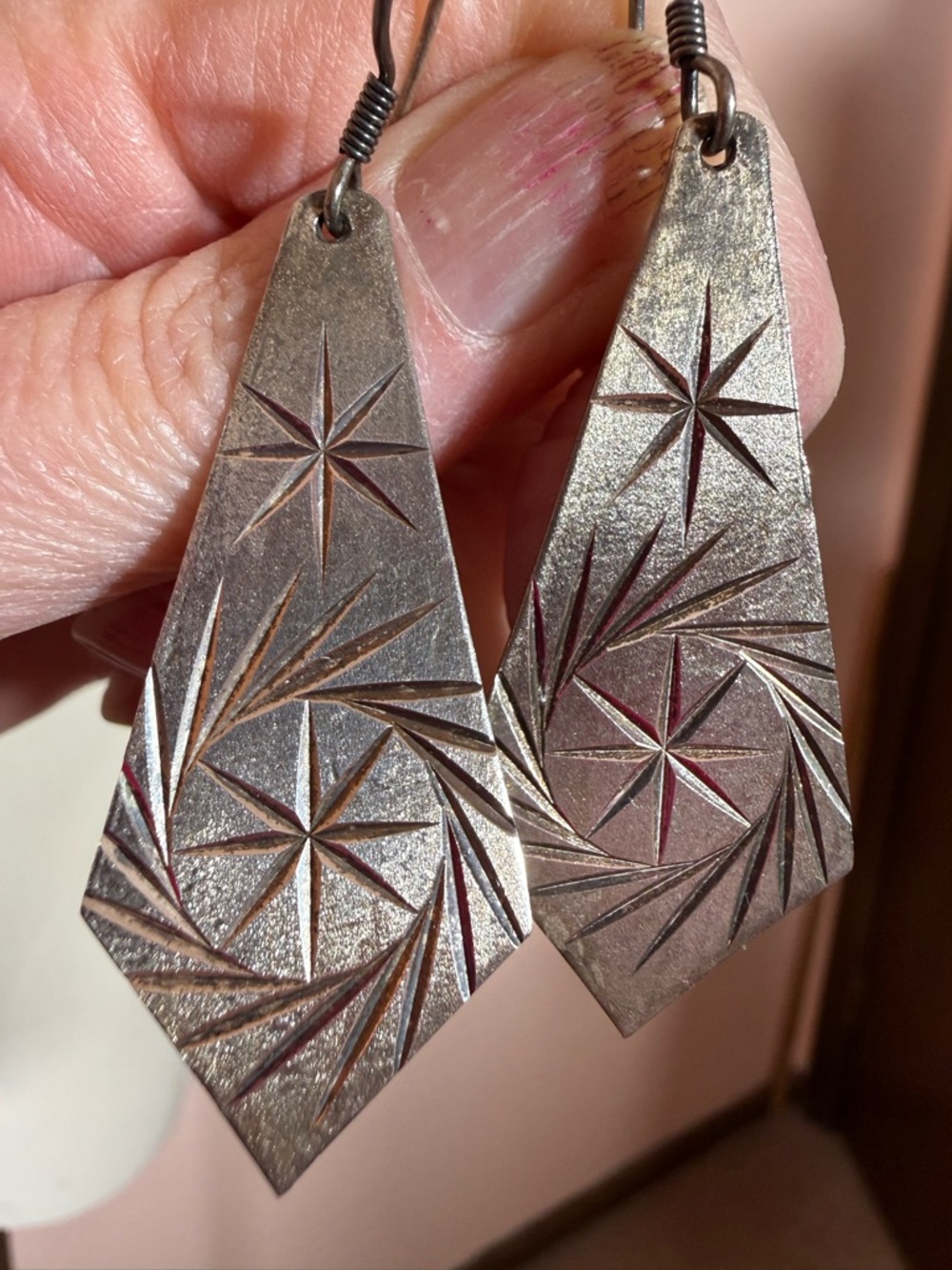 Vintage Taxco Sterling Silver modernist Star burst Long Oversized Earrings